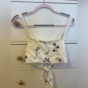 House of Harlow Cropped Tie Linen Embroidered Top